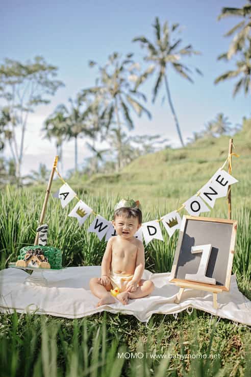 First birthday photoshoot of a baby sitting outdoors with nature background