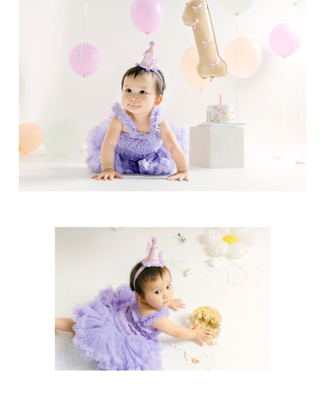Baby girl enjoying a smash cake photoshoot in Bali captured by a bali smash cake photographer. 