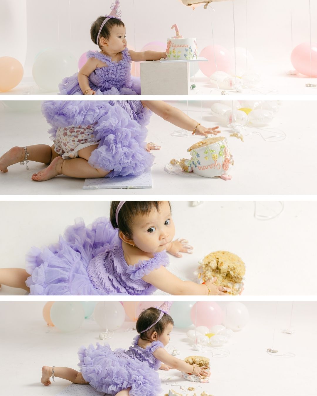 Playful baby moments during a smash cake photoshoot in Bali photographed by a bali smash cake photographer. 